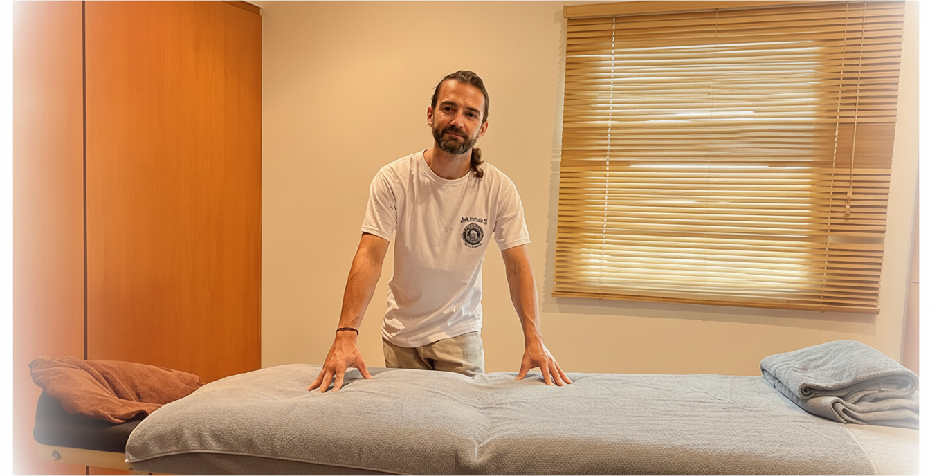 Andrej neben dem Reiki-Behandlungstisch im Praxisraum in Ponta Do Sol